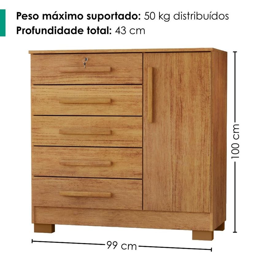 Cômoda 5 Gavetas 1 Porta 99 Cm Vitoria Cedro Rudk - imagem 3