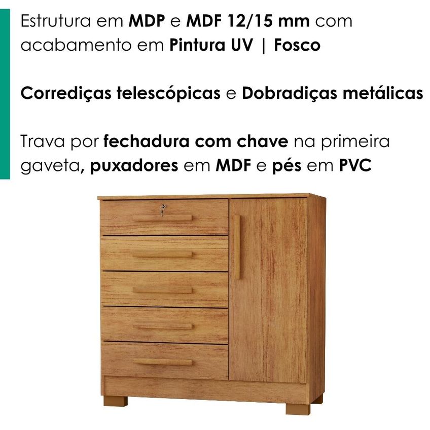 Cômoda 5 Gavetas 1 Porta 99 Cm Vitoria Cedro Rudk - imagem 5