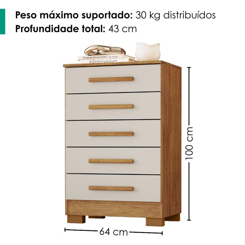Comoda 5 Gavetas 64 Cm Paola Cedro Areia Rudk - imagem 3