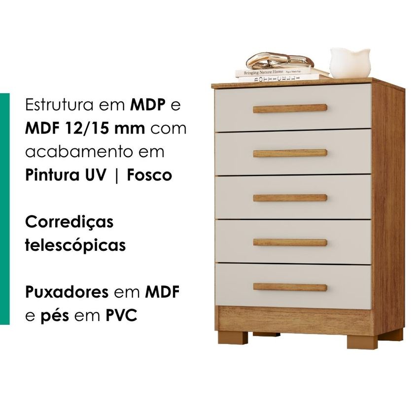 Comoda 5 Gavetas 64 Cm Paola Cedro Areia Rudk - imagem 5