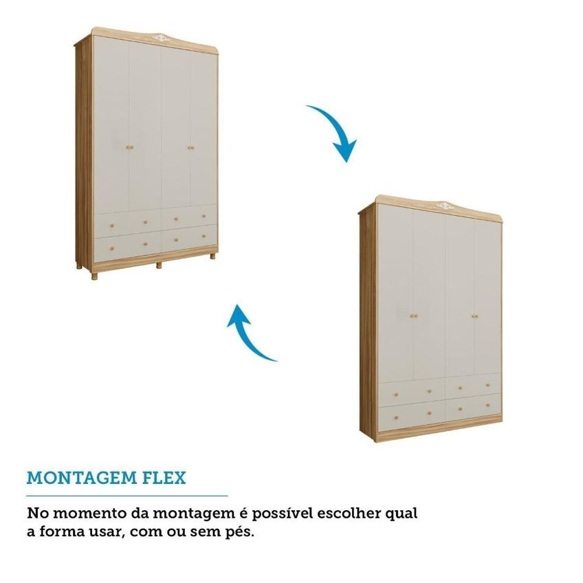 Guarda-roupa De Bebê 4 Portas E 4 Gavetas 156cm 100% Mdf Maya Clássico Espresso Móveis Bege/off White/amêndoa Off White/amêndoa - imagem 5