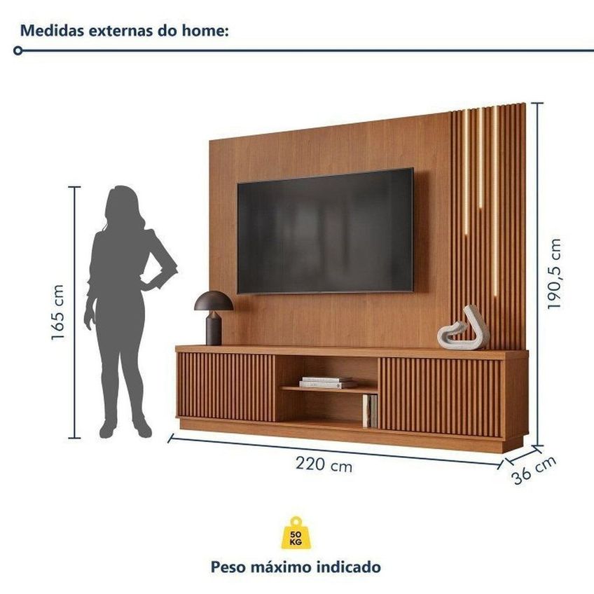 Rack Com Painel Com 2 Cristaleiras Para TV Até 75 Polegadas Ripado LED 100% MDF 190,5x294cm Valênc Naturalle - imagem 3