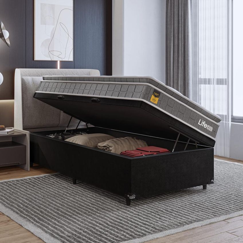 Cama Box Baú Solteiro Couro Preto + Colchão Life D33 Pillow Top 61x88x188cm Cinza - E-shop Casa - imagem 2
