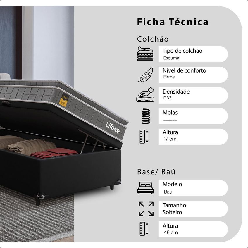 Cama Box Baú Solteiro Couro Preto + Colchão Life D33 Pillow Top 61x88x188cm Cinza - E-shop Casa - imagem 3