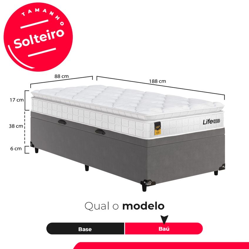 Cama Box Baú Solteiro Cinza + Colchão Life D33 Pillow Top 61x88x188cm Branco - E-shop Casa - imagem 3