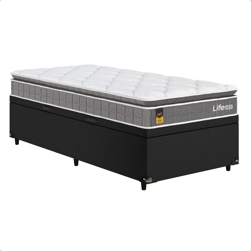 Cama Box Baú Solteiro Couro Preto + Colchão Life D33 Pillow Top 61x88x188cm Cinza - E-shop Casa - imagem 4
