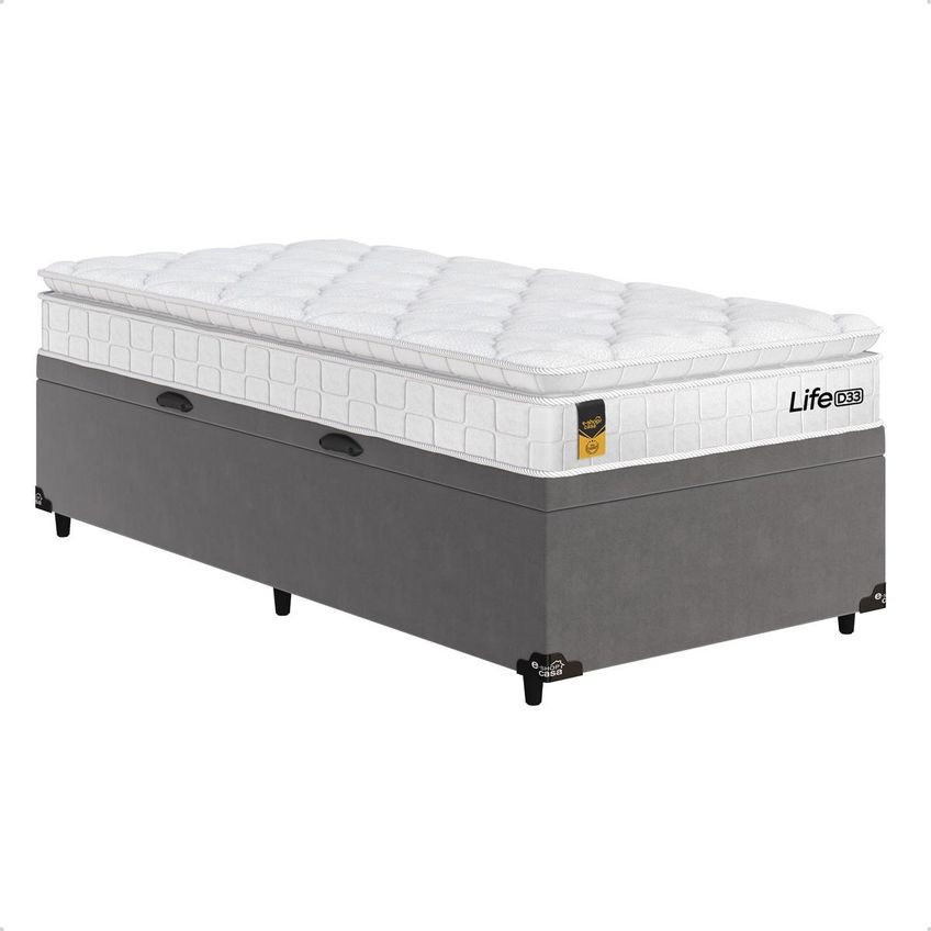Cama Box Baú Solteiro Cinza + Colchão Life D33 Pillow Top 61x88x188cm Branco - E-shop Casa - imagem 4