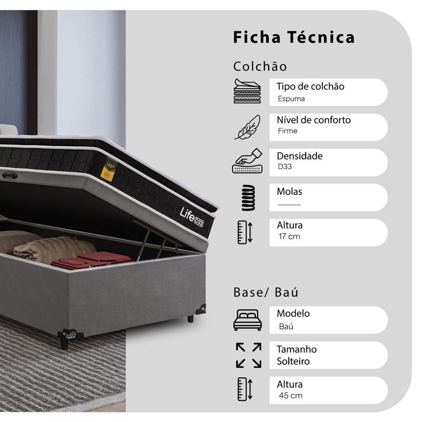 Cama Box Baú Solteiro Cinza + Colchão Life D33 Pillow Top 61x88x188cm Preto - E-shop Casa - imagem 3