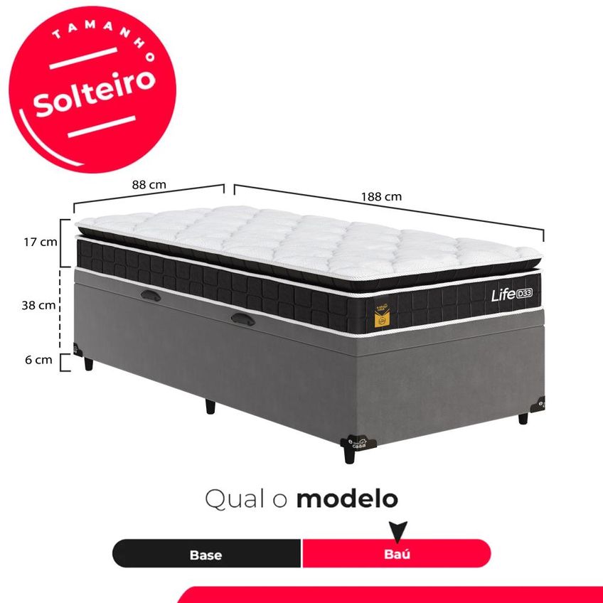 Cama Box Baú Solteiro Cinza + Colchão Life D33 Pillow Top 61x88x188cm Preto - E-shop Casa - imagem 4