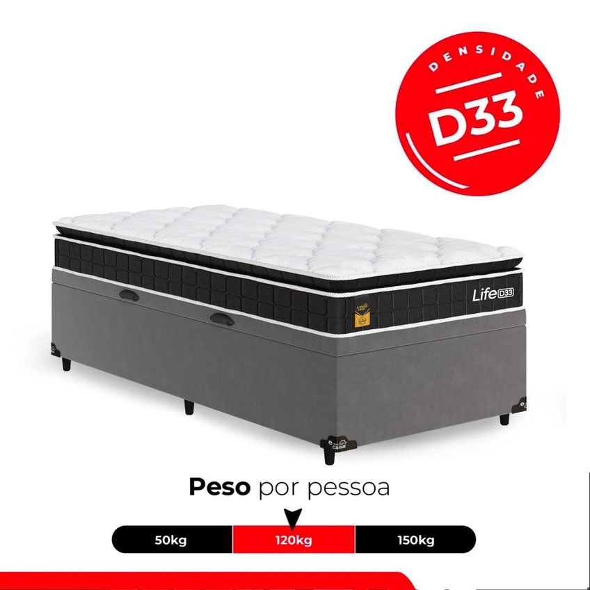 Cama Box Baú Solteiro Cinza + Colchão Life D33 Pillow Top 61x88x188cm Preto - E-shop Casa - imagem 5