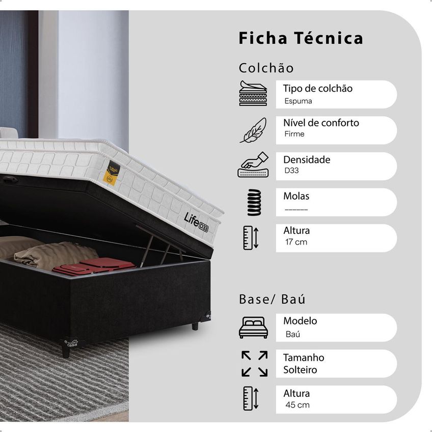 Cama Box Baú Solteiro Preto + Colchão Life D33 Pillow Top 61x88x188cm Branco - E-shop Casa - imagem 3