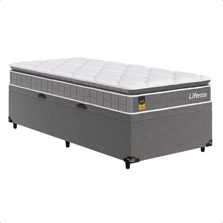 Cama Box Baú Solteiro Colchão Life D33 Pillow Top 61x88x188cm Cinza E-shop Casa - imagem 3