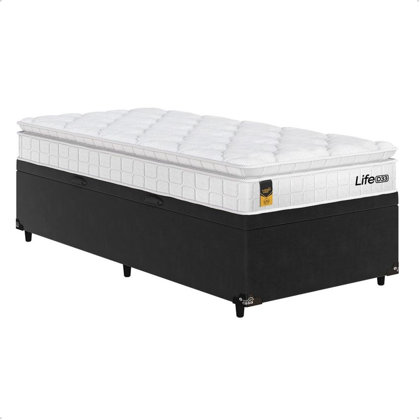 Cama Box Baú Solteiro Preto + Colchão Life D33 Pillow Top 61x88x188cm Branco - E-shop Casa - imagem 4