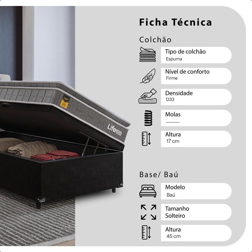 Cama Box Baú Solteiro Preto Colchão Life D33 Pillow Top 61x88x188cm Cinza E-shop Casa - imagem 3