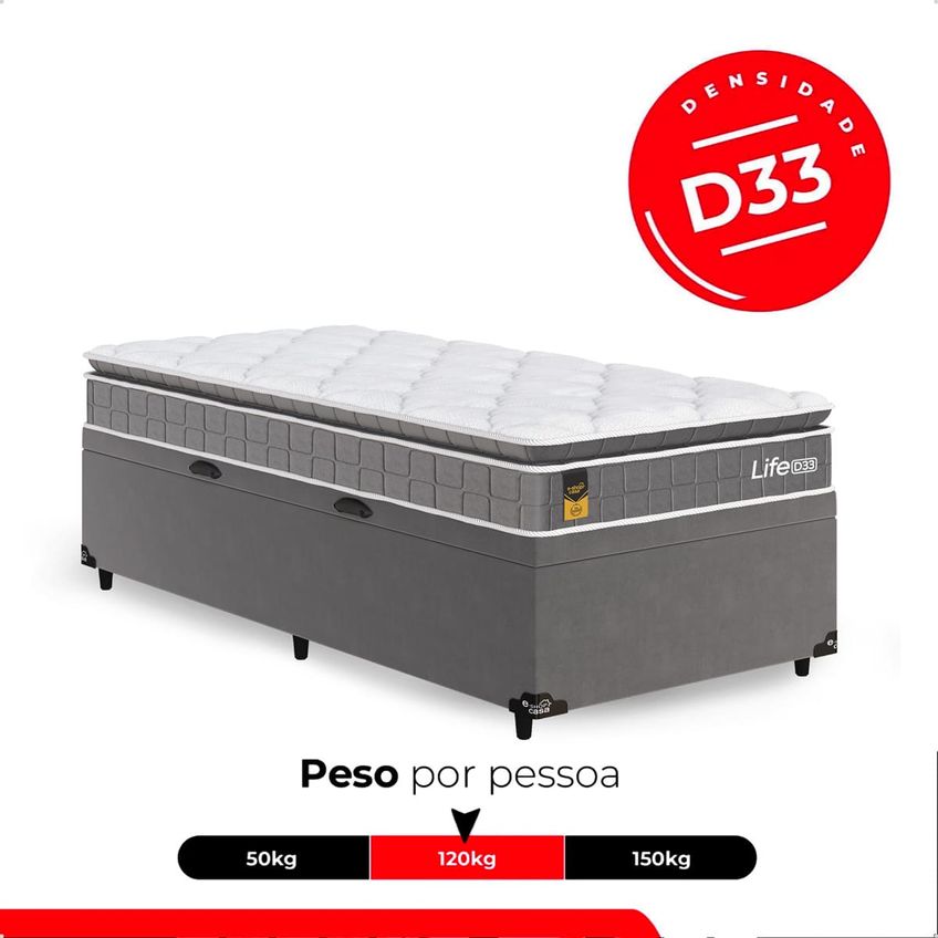 Cama Box Baú Solteiro Colchão Life D33 Pillow Top 61x88x188cm Cinza E-shop Casa - imagem 4