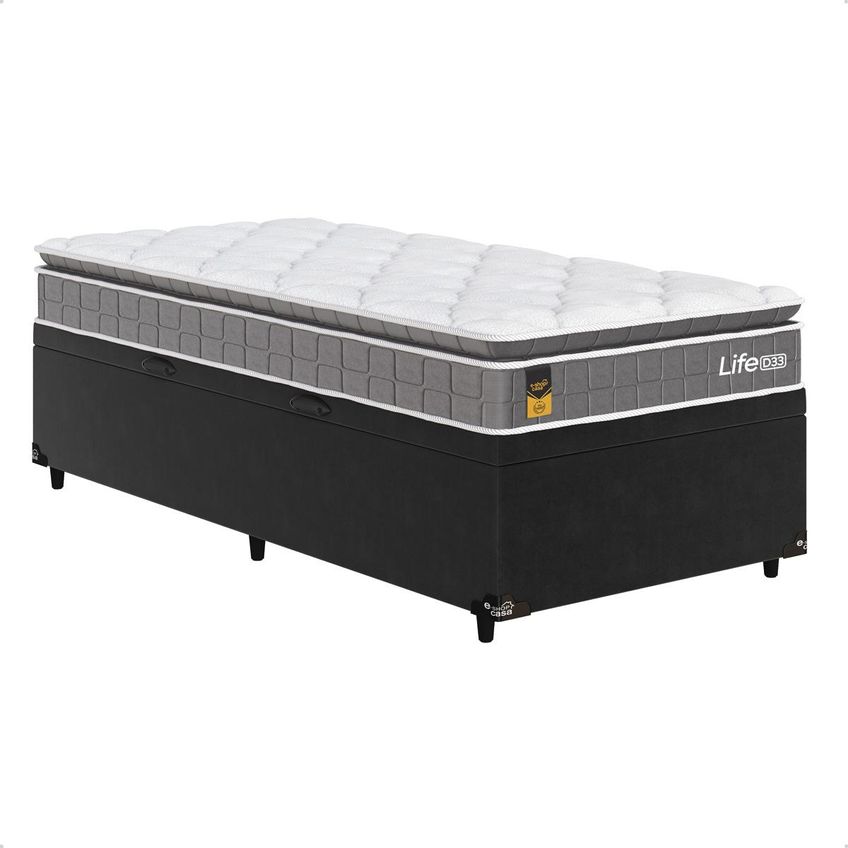Cama Box Baú Solteiro Preto Colchão Life D33 Pillow Top 61x88x188cm Cinza E-shop Casa - imagem 4