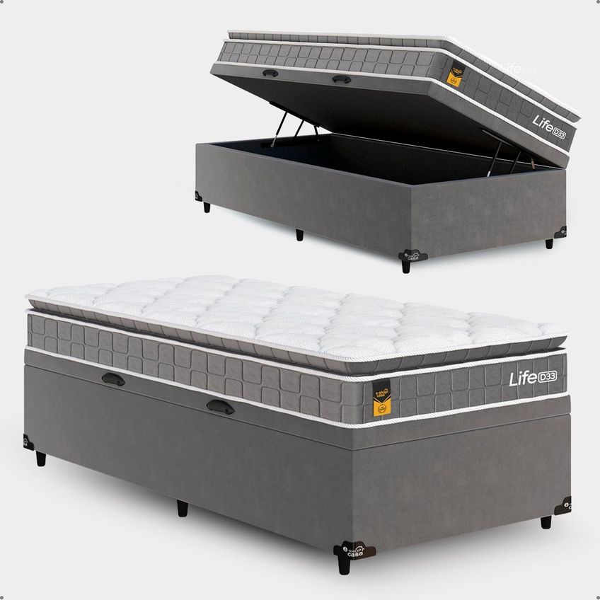 Cama Box Baú Solteiro Colchão Life D33 Pillow Top 61x88x188cm Cinza E-shop Casa - imagem 5