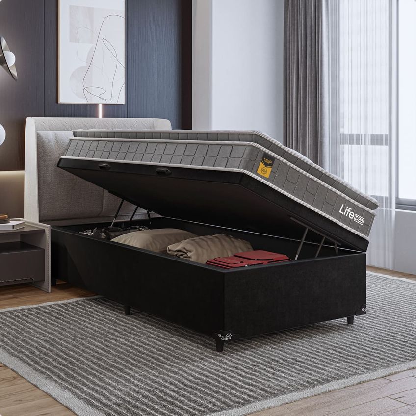 Cama Box Baú Solteiro Preto Colchão Life D33 Pillow Top 61x88x188cm Cinza E-shop Casa - imagem 5