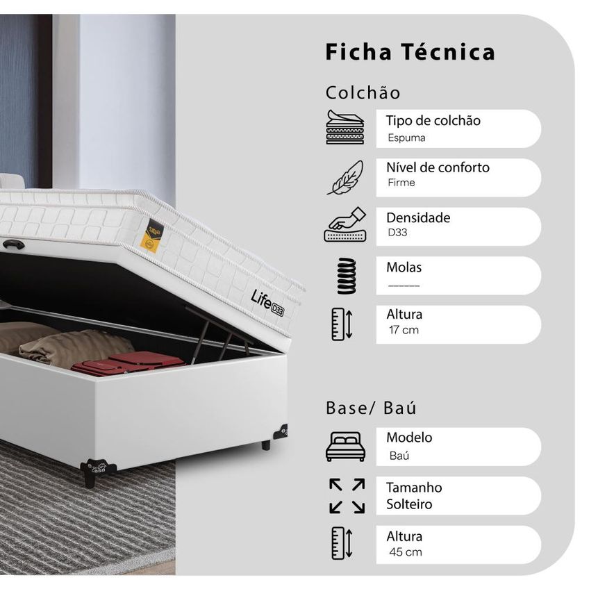 Cama Box Baú Solteiro Couro Branco + Colchão Life D33 Pillow Top 61x88x188cm Branco E-shop Casa - imagem 3