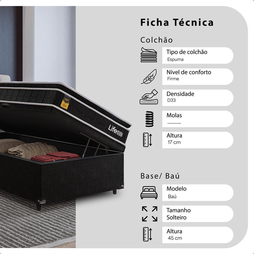 Cama Box Baú Solteiro Colchão Life D33 Pillow Top 61x88x188cm Preto E-shop Casa - imagem 4