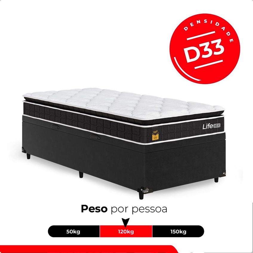 Cama Box Baú Solteiro Colchão Life D33 Pillow Top 61x88x188cm Preto E-shop Casa - imagem 5