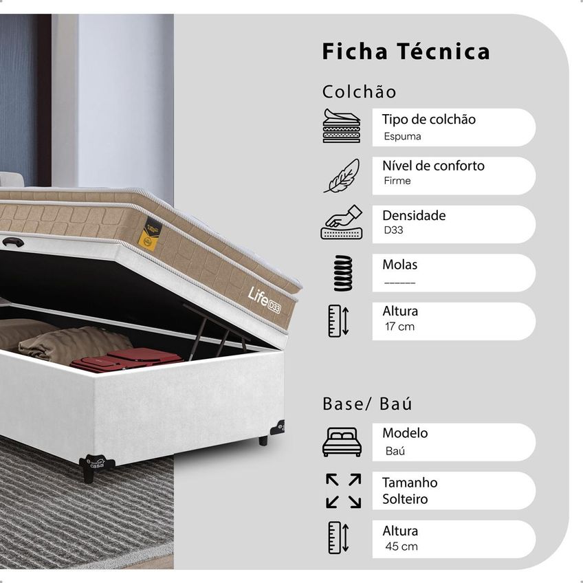 Cama Box Baú Solteiro Couro Branco + Colchão Life D33 Pillow Top 61x88x188cm Bege E-shop Casa - imagem 3