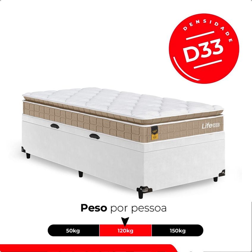 Cama Box Baú Solteiro Couro Branco + Colchão Life D33 Pillow Top 61x88x188cm Bege E-shop Casa - imagem 4