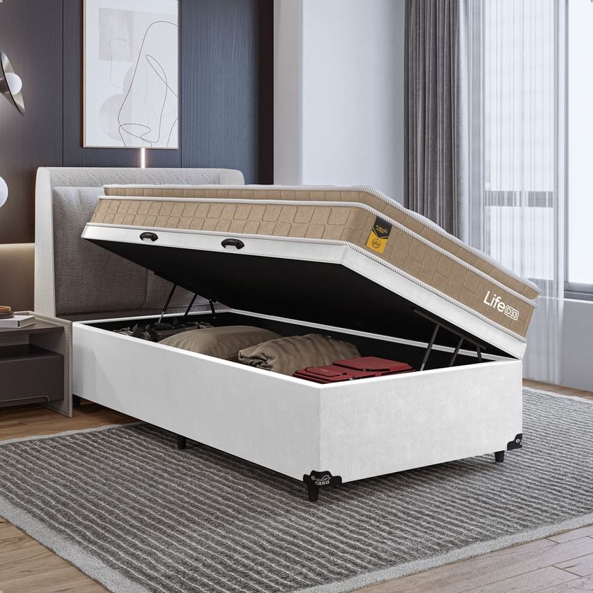 Cama Box Baú Solteiro Couro Branco + Colchão Life D33 Pillow Top 61x88x188cm Bege E-shop Casa - imagem 5