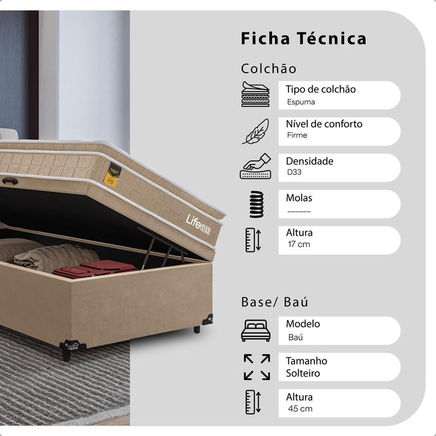Cama Box Baú Solteiro Colchão Life D33 Pillow Top 61x88x188cm Bege E-shop Casa - imagem 3