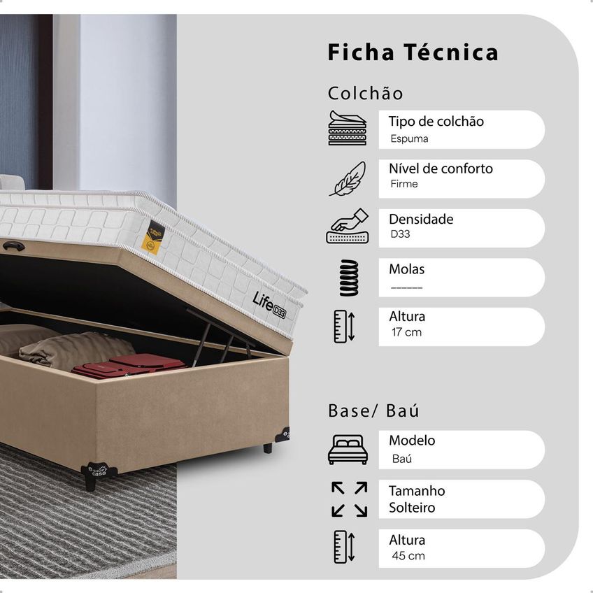 Cama Box Baú Solteiro Bege + Colchão Life D33 Pillow Top 61x88x188cm Branco - E-shop Casa - imagem 3