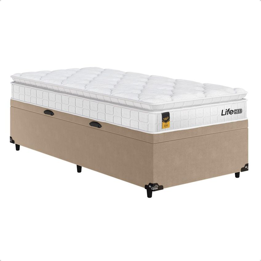 Cama Box Baú Solteiro Bege + Colchão Life D33 Pillow Top 61x88x188cm Branco - E-shop Casa - imagem 4
