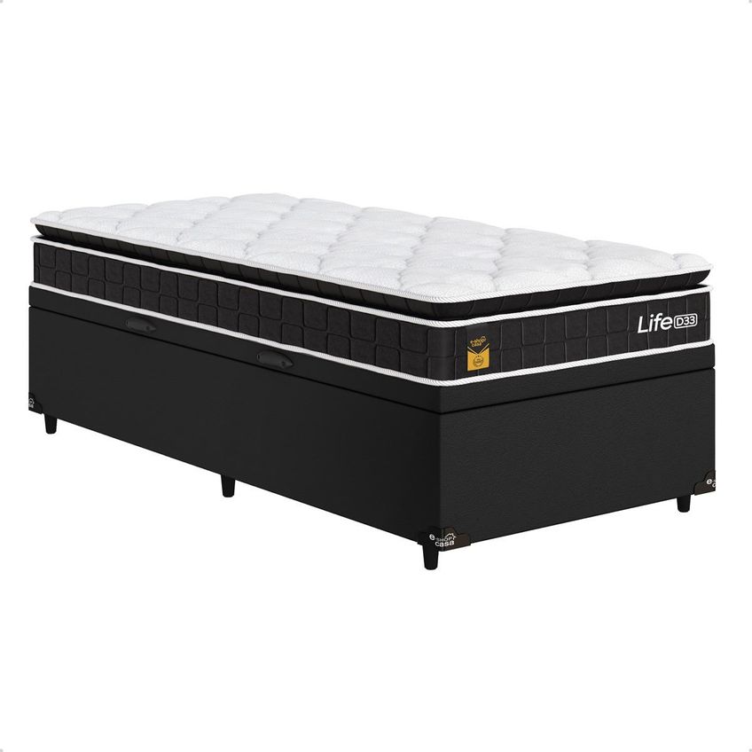 Cama Box Baú Solteiro Couro Preto + Colchão Life D33 Pillow Top 61x88x188cm Preto - E-shop Casa - imagem 3