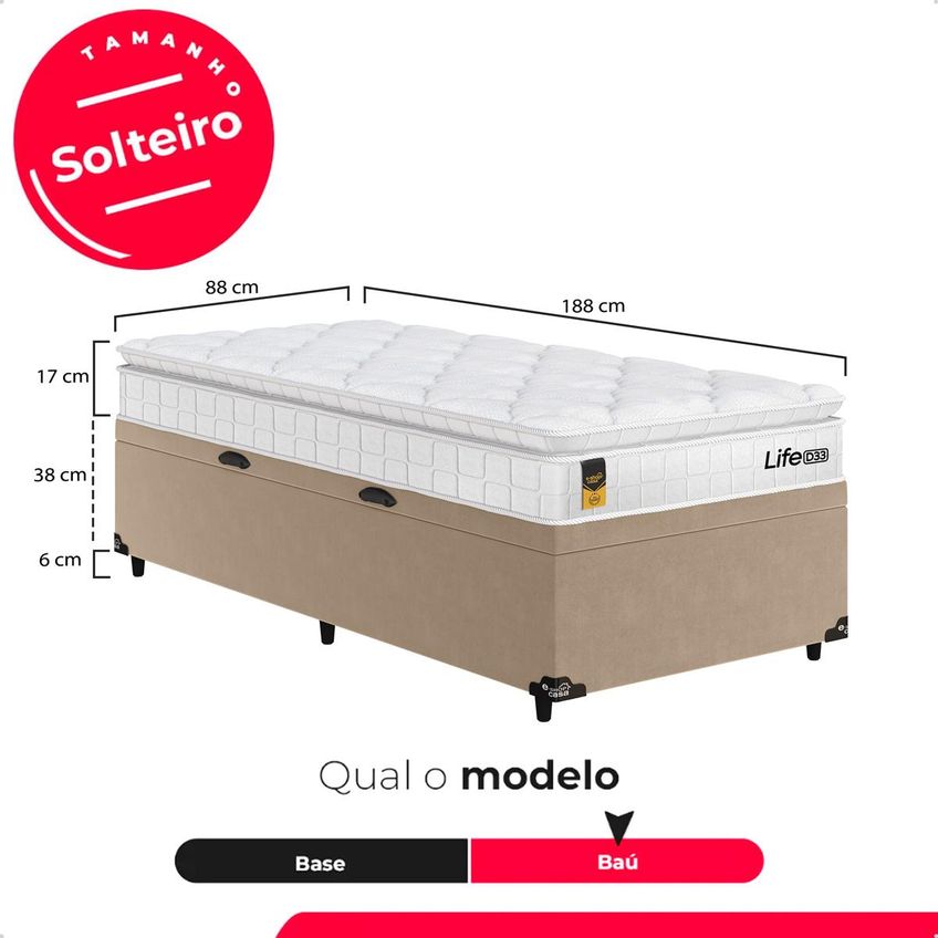 Cama Box Baú Solteiro Bege + Colchão Life D33 Pillow Top 61x88x188cm Branco - E-shop Casa - imagem 5