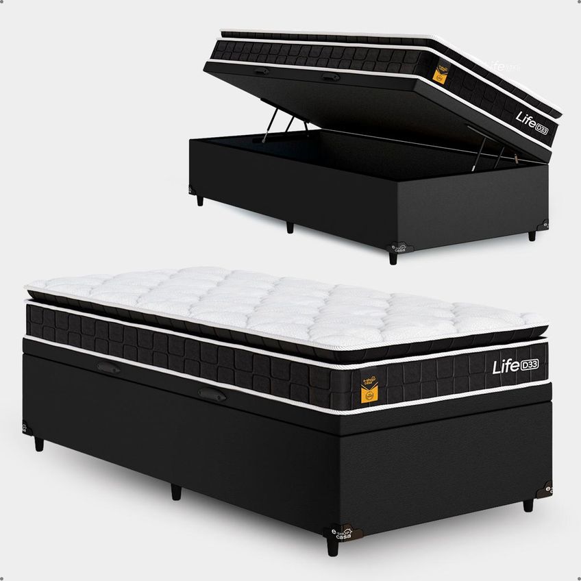 Cama Box Baú Solteiro Couro Preto + Colchão Life D33 Pillow Top 61x88x188cm Preto - E-shop Casa - imagem 4