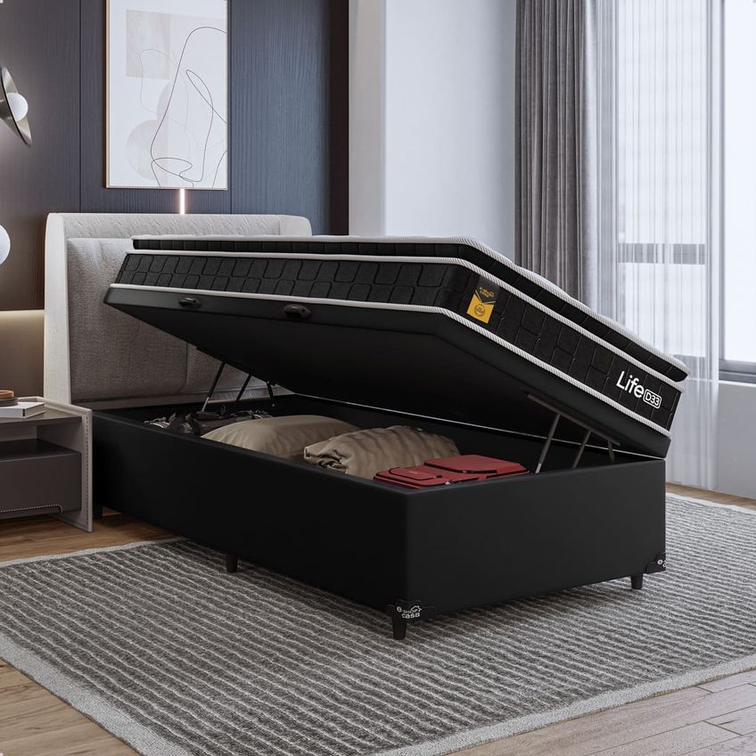 Cama Box Baú Solteiro Couro Preto + Colchão Life D33 Pillow Top 61x88x188cm Preto - E-shop Casa - imagem 5