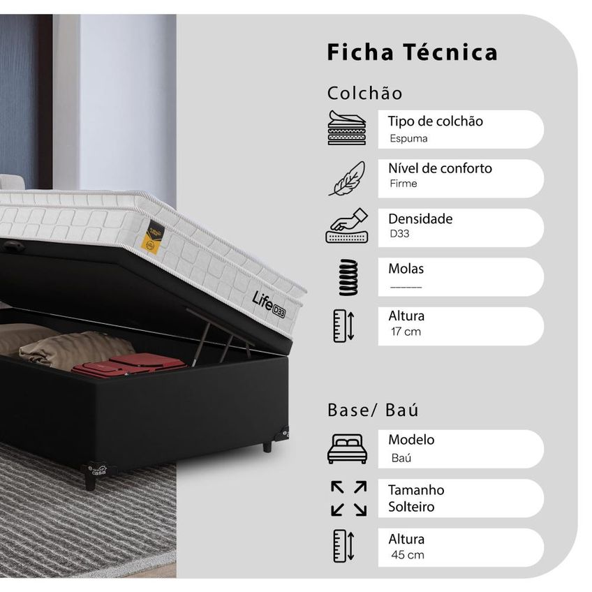 Cama Box Baú Solteiro Couro Preto + Colchão Life D33 Pillow Top 61x88x188cm Branco - E-shop Casa - imagem 3