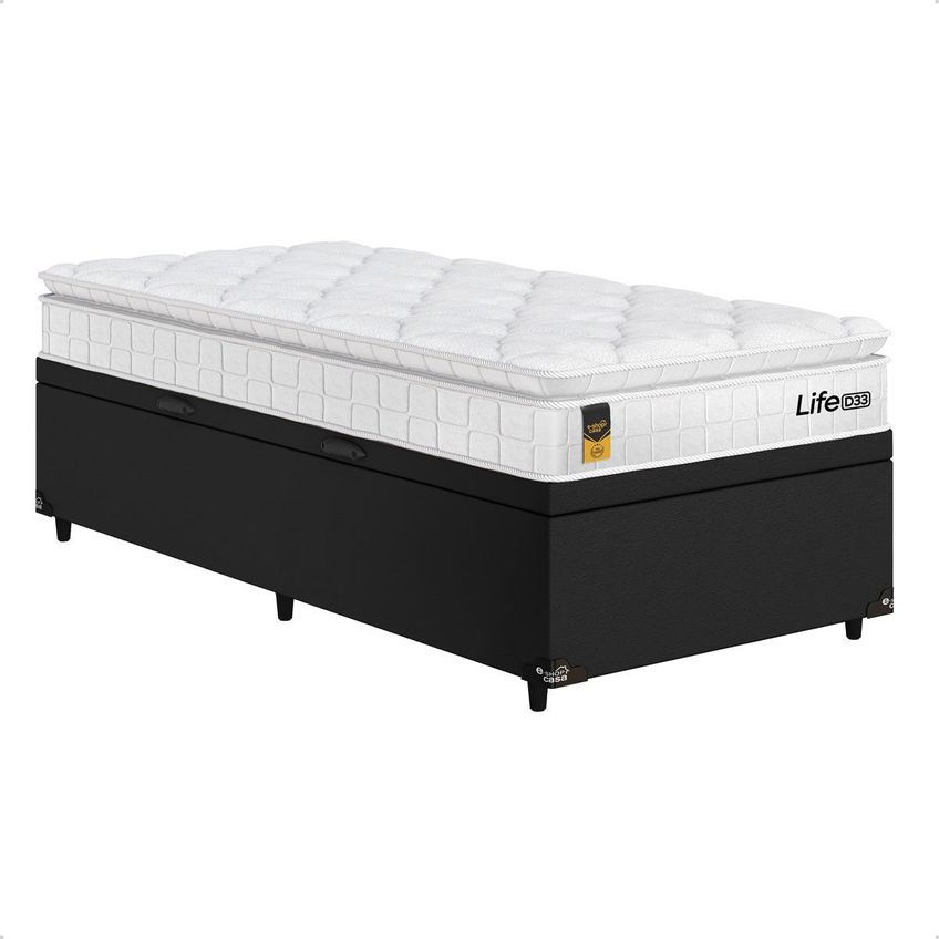 Cama Box Baú Solteiro Couro Preto + Colchão Life D33 Pillow Top 61x88x188cm Branco - E-shop Casa - imagem 4