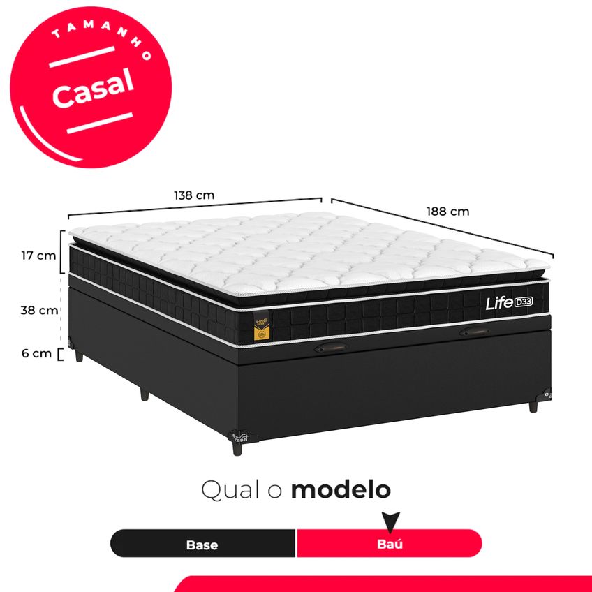 Cama Box Baú Casal Couro Preto Colchão Life D33 Pillow Top 61x138x188cm Preto E-shop Casa - imagem 3