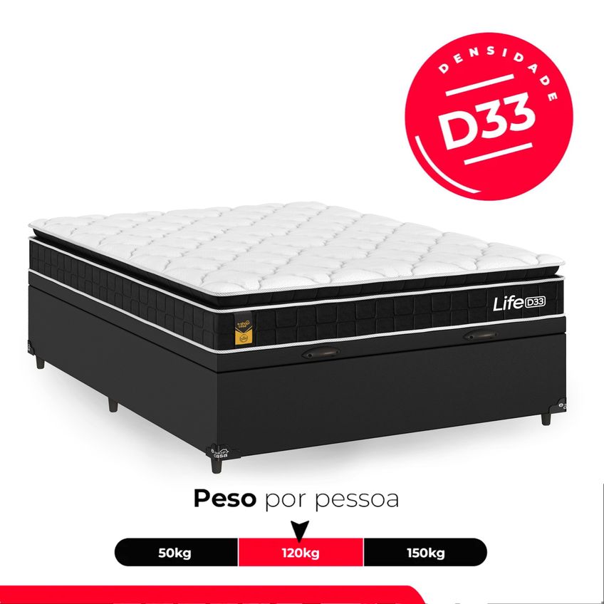Cama Box Baú Casal Couro Preto Colchão Life D33 Pillow Top 61x138x188cm Preto E-shop Casa - imagem 4