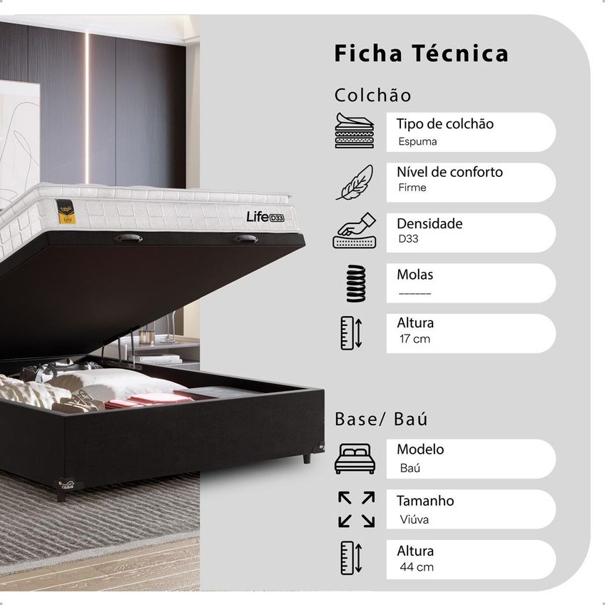 Cama Box Baú Viúva Preto + Colchão Life D33 Pillow Top 61x128x188cm Branco - E-shop Casa - imagem 3