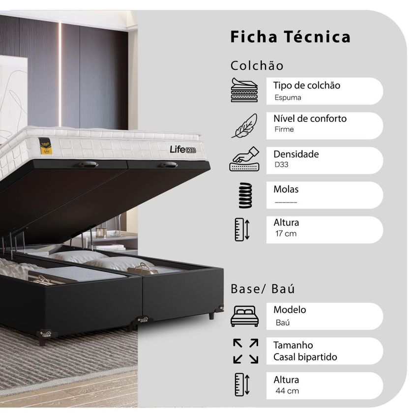 Cama Box Baú Casal Bipartido Couro Preto Colchão Life D33 Pillow Top 61x138x188cm Branco E-shop Casa - imagem 3