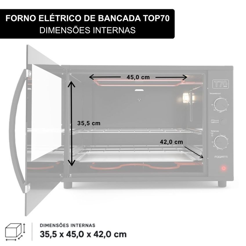 Forno Elétrico De Bancada Fogatti 70l Grill Com 2 Grades E Luz Interna - imagem 4