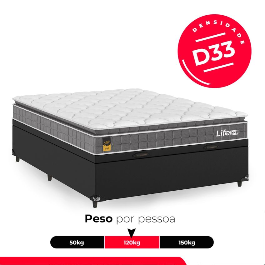 Cama Box Baú Casal Couro Preto + Colchão Life D33 Pillow Top 61x138x188cm Cinza - E-shop Casa - imagem 4