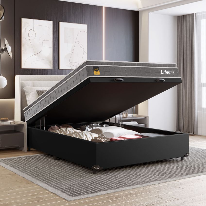 Cama Box Baú Casal Couro Preto + Colchão Life D33 Pillow Top 61x138x188cm Cinza - E-shop Casa - imagem 5