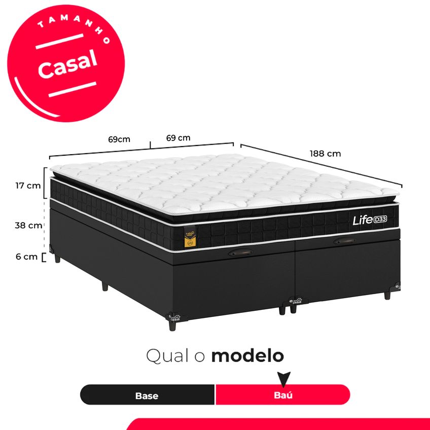 Cama Box Baú Casal Bipartido Couro Preto + Colchão Life D33 Pillow Top 61x138x188cm Preto E-shop Casa - imagem 3