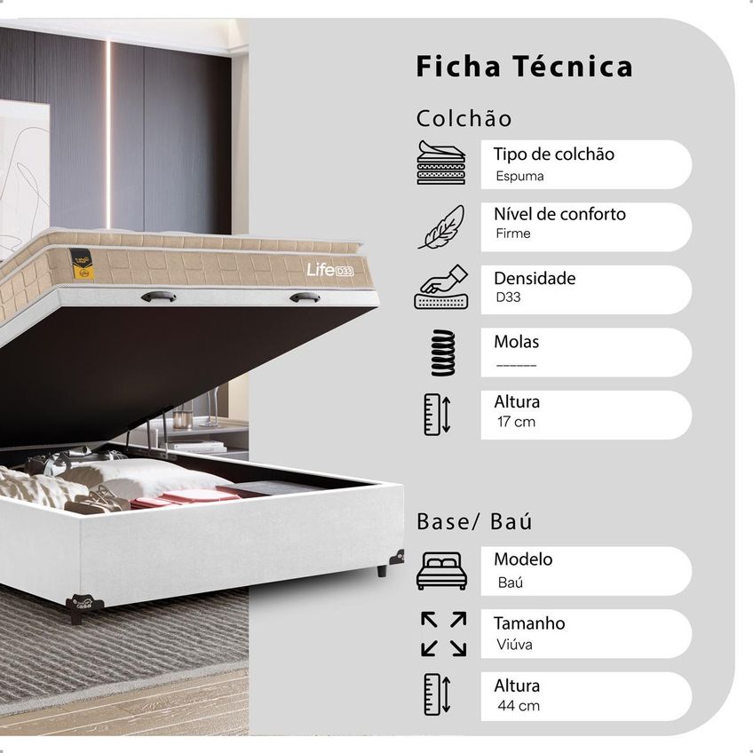 Cama Box Baú Viúva Couro Branco Colchão Life D33 Pillow Top 61x128x188cm Bege E-shop Casa - imagem 3