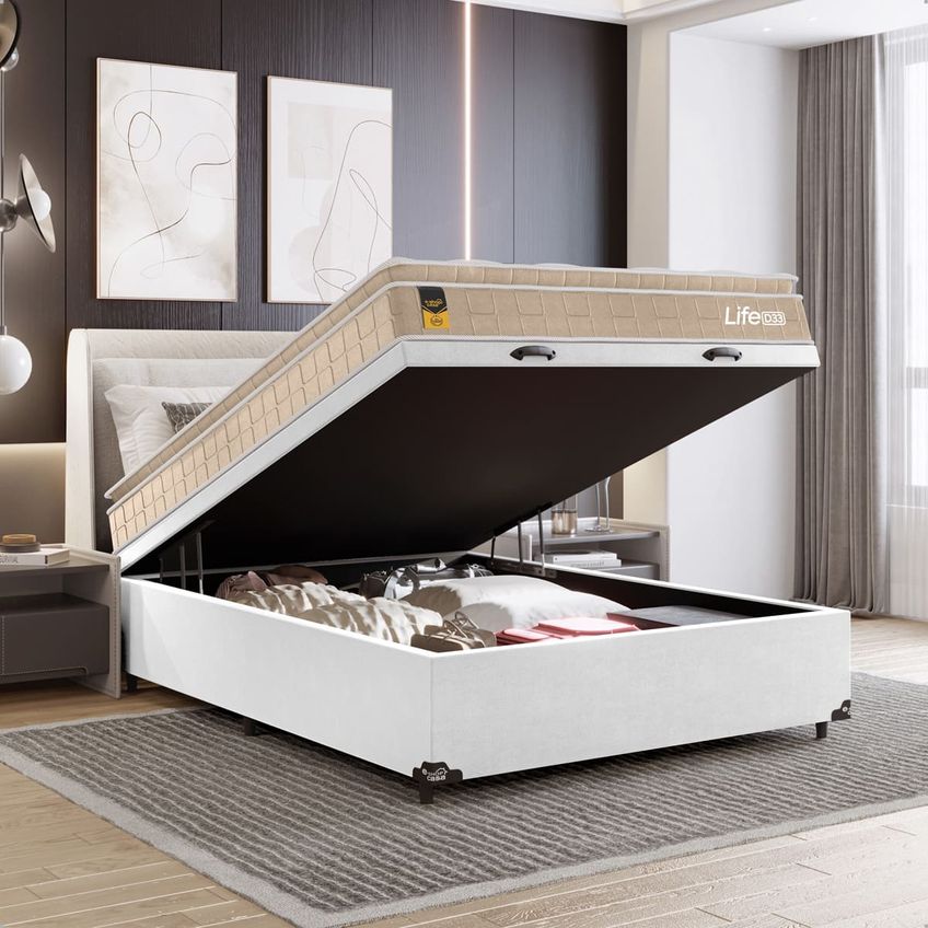 Cama Box Baú Viúva Couro Branco Colchão Life D33 Pillow Top 61x128x188cm Bege E-shop Casa - imagem 5