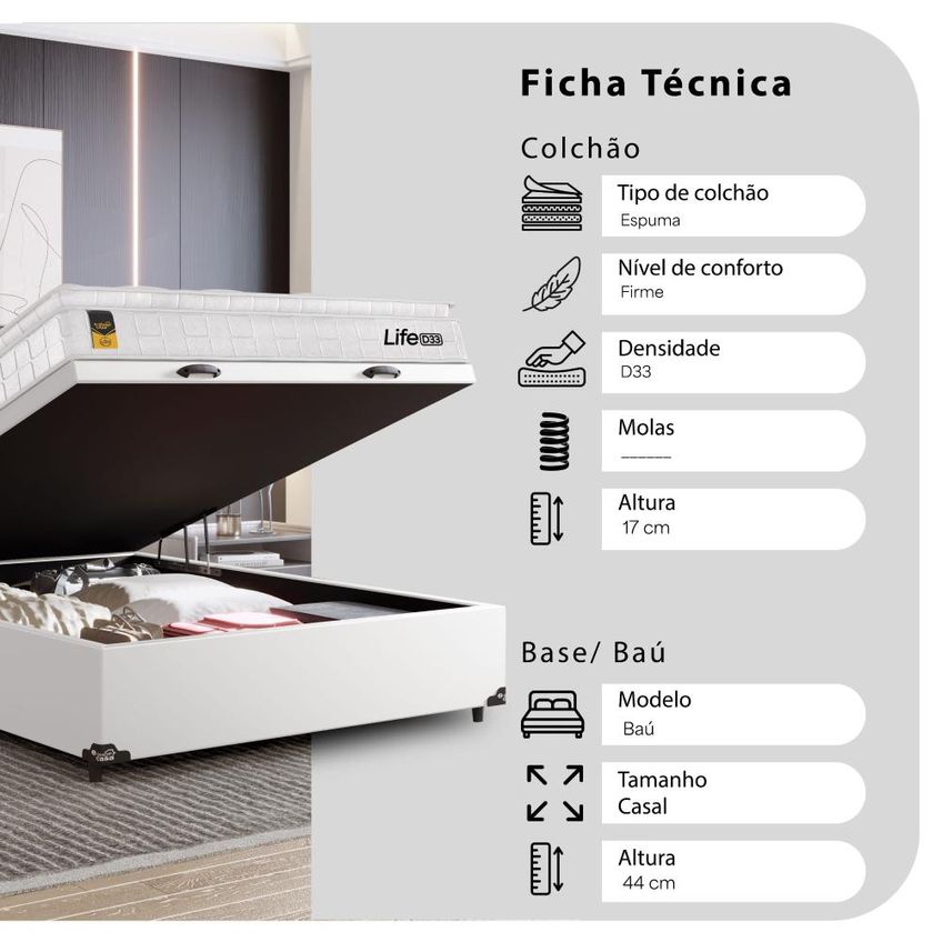Cama Box Baú Casal Couro Branco Colchão Life D33 Pillow Top 61x138x188cm Branco E-shop Casa - imagem 3