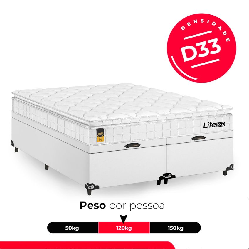 Cama Box Baú Casal Couro Branco Colchão Life D33 Pillow Top 61x138x188cm Branco E-shop Casa - imagem 4