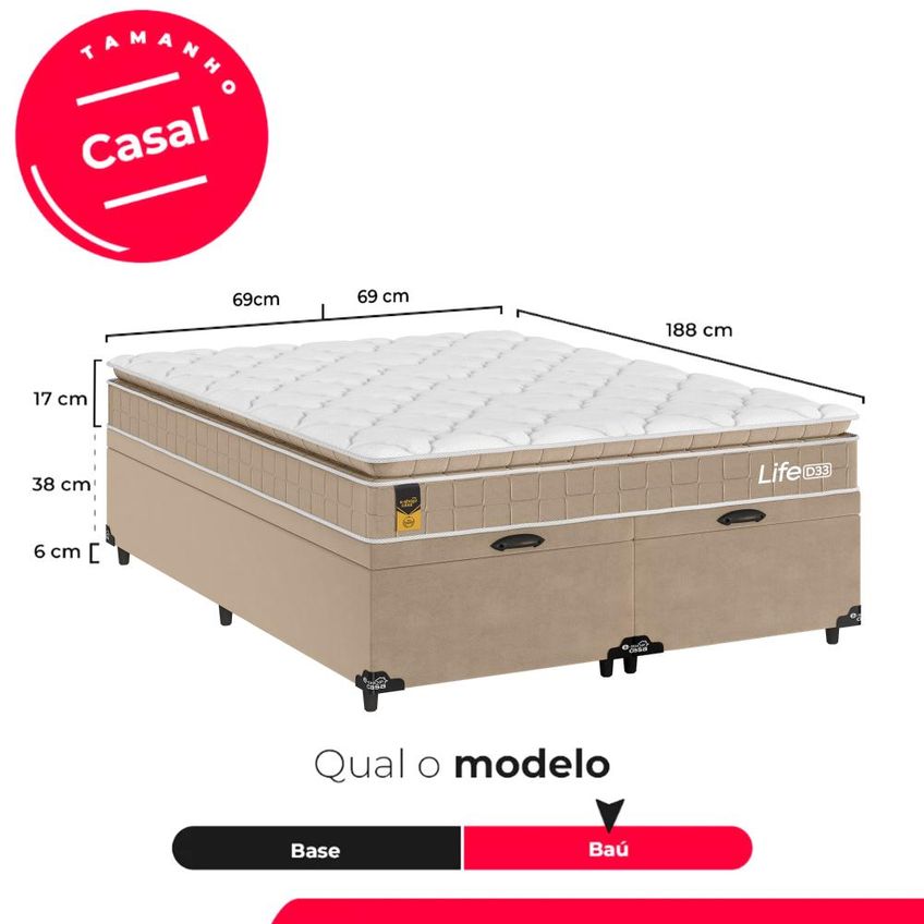 Cama Box Baú Casal Bipartido Colchão Life D33 Pillow Top 61x138x188cm Bege E-shop Casa - imagem 3